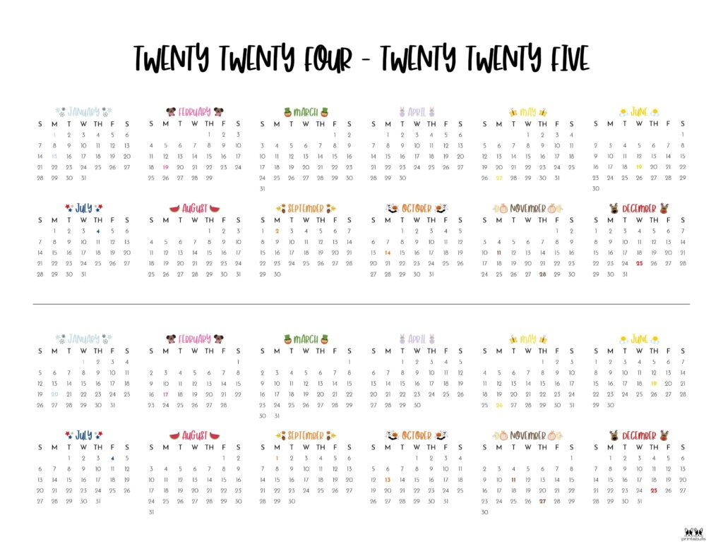 2024-2025 Two Year Calendars - 10 Free Printables | Printabulls regarding August 2024 to July 2025 Calendar Printable