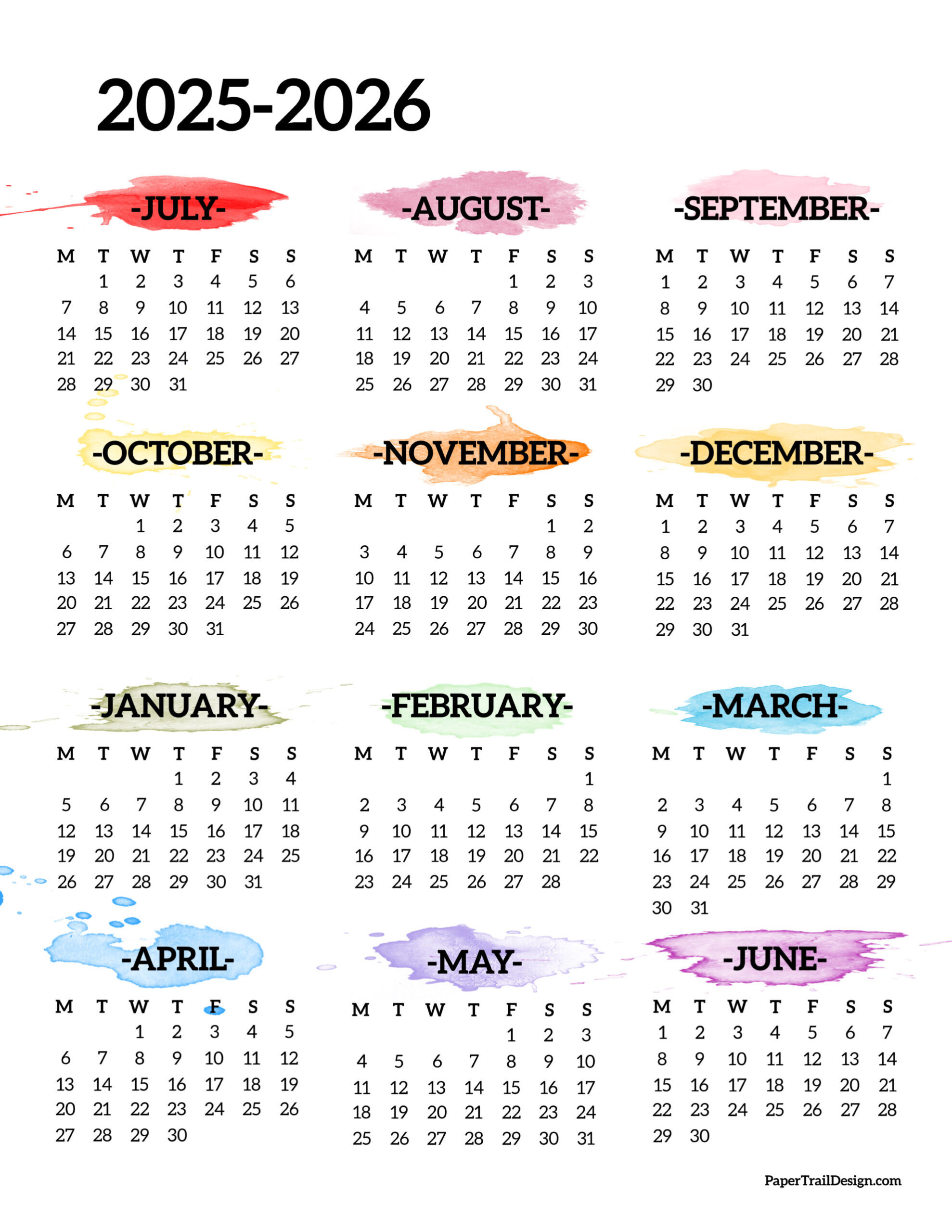 2025-2026 School Year Calendar Free Printable - Paper Trail Design within July 2025 June 2026 Printable Calendar