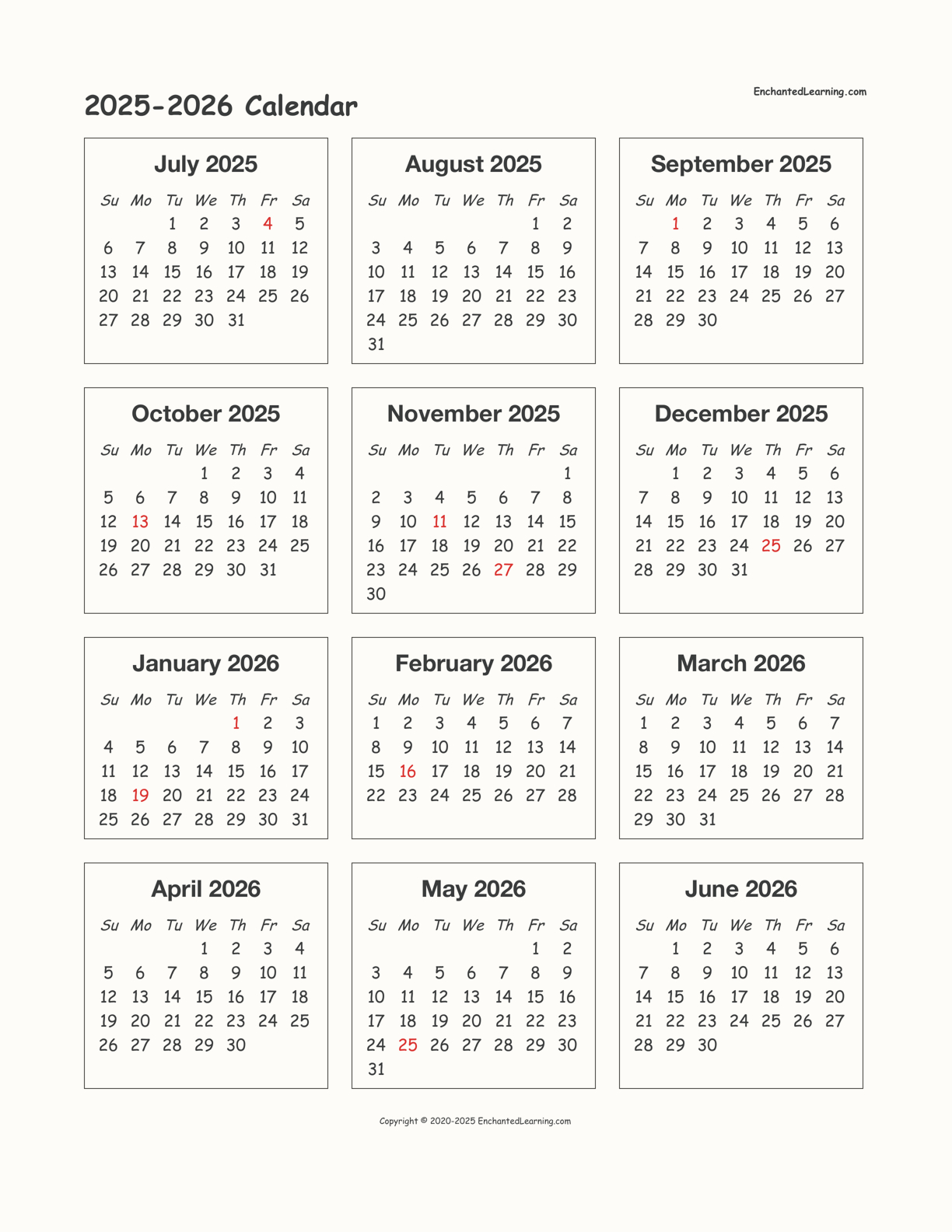 2025-2026 School-Year One-Page Calendar - Enchanted Learning inside July 2025 - June 2026 Calendar Printable