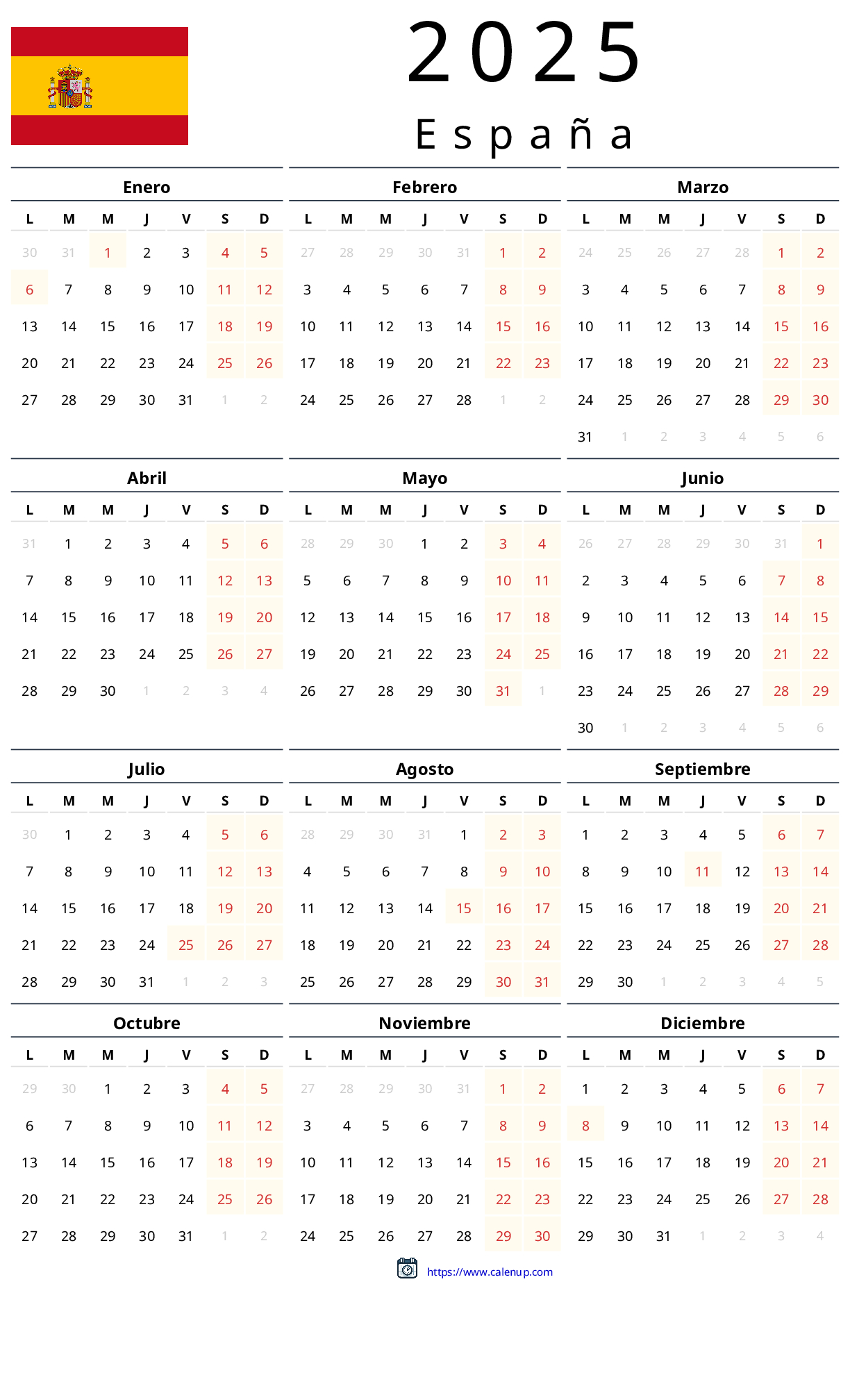 2025 Calendar Printable With Holidays For Spain | Calenup within Printable Calendar 2025 In Spanish