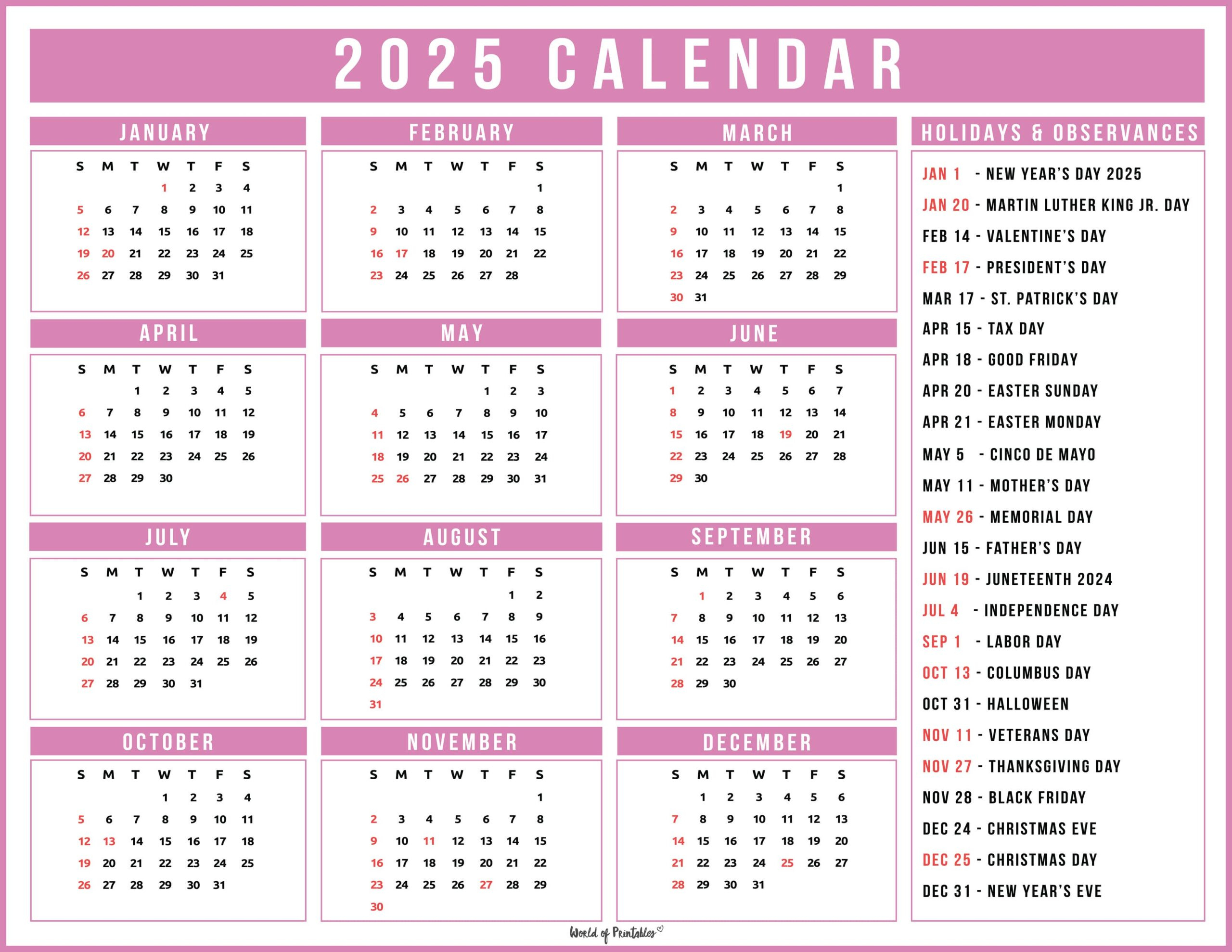 2025 Calendar With Holidays - Free Printables In 28 Unique Styles pertaining to Printable Calendar 2025 Holidays List