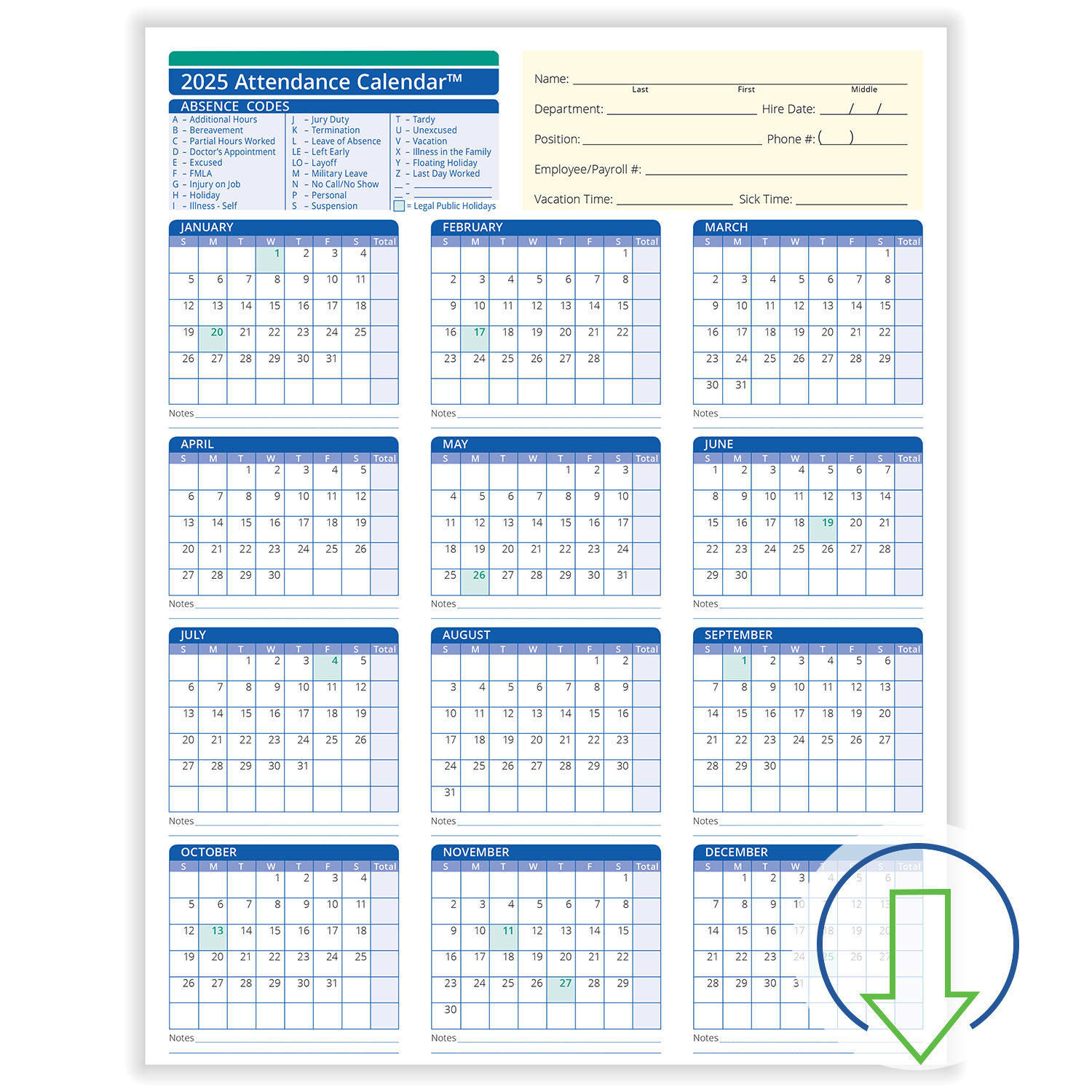 2025 Downloadable Employee Attendance Calendar | Hrdirect for 2025 Employee Attendance Calendar Printable Free