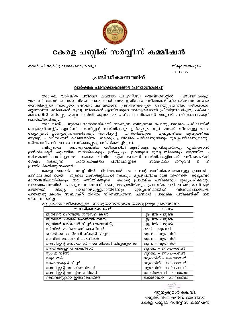 2025–ലെ പിഎസ്‌സി പരീക്ഷ കലണ്ടർ തയ്യാർ inside Kerala Psc Exam Calendar July 2025