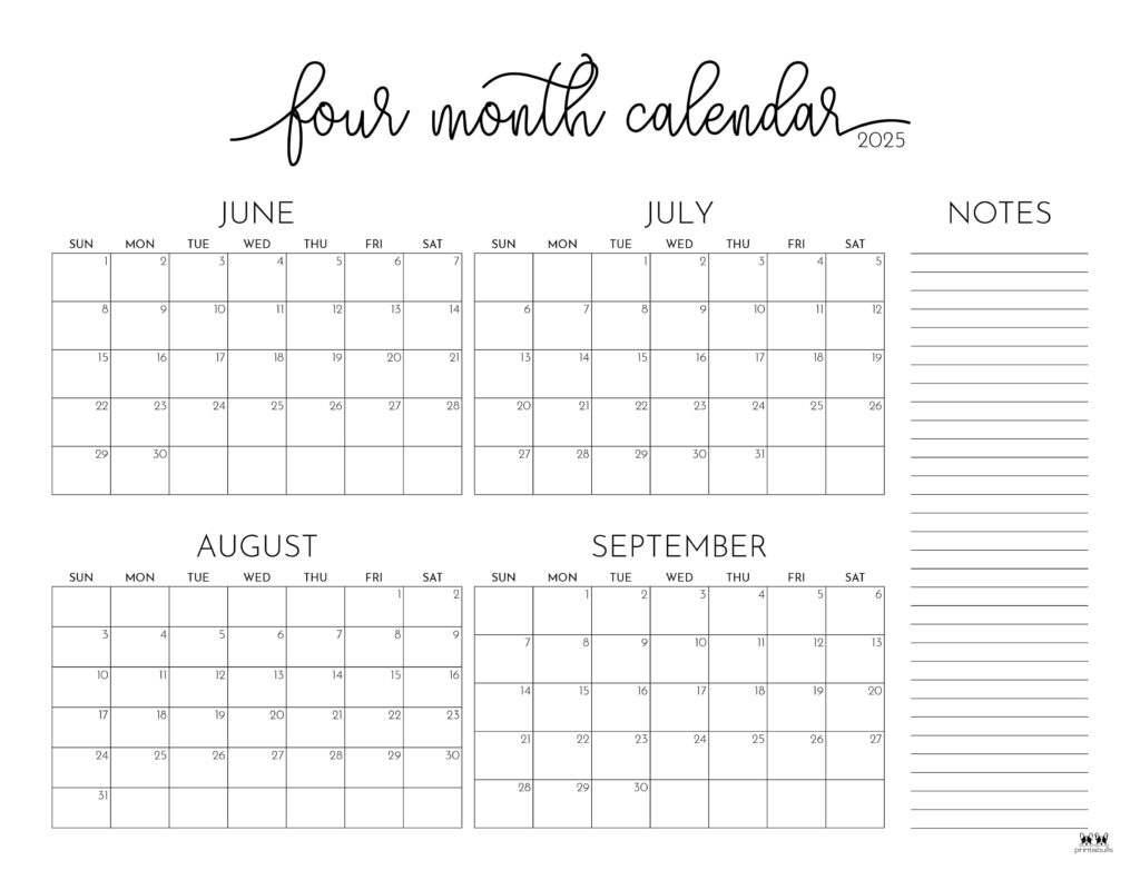 2025 Four Month Calendars - 31 Free Printables | Printabulls intended for July August September 2025 Printable Calendar