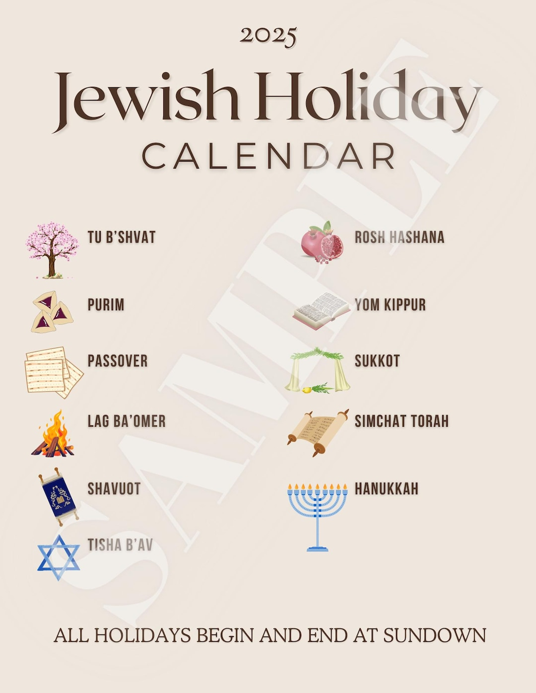 2025 Jewish Holiday Calendar - Etsy Uk throughout Jewish Holidays 2025 Calendar Printable