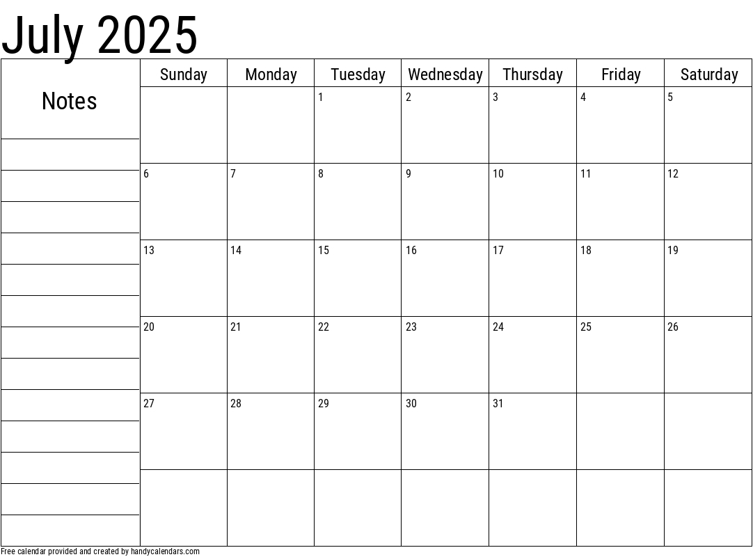 2025 July Calendars - Handy Calendars throughout July 2025 Calendar Printable With Notes
