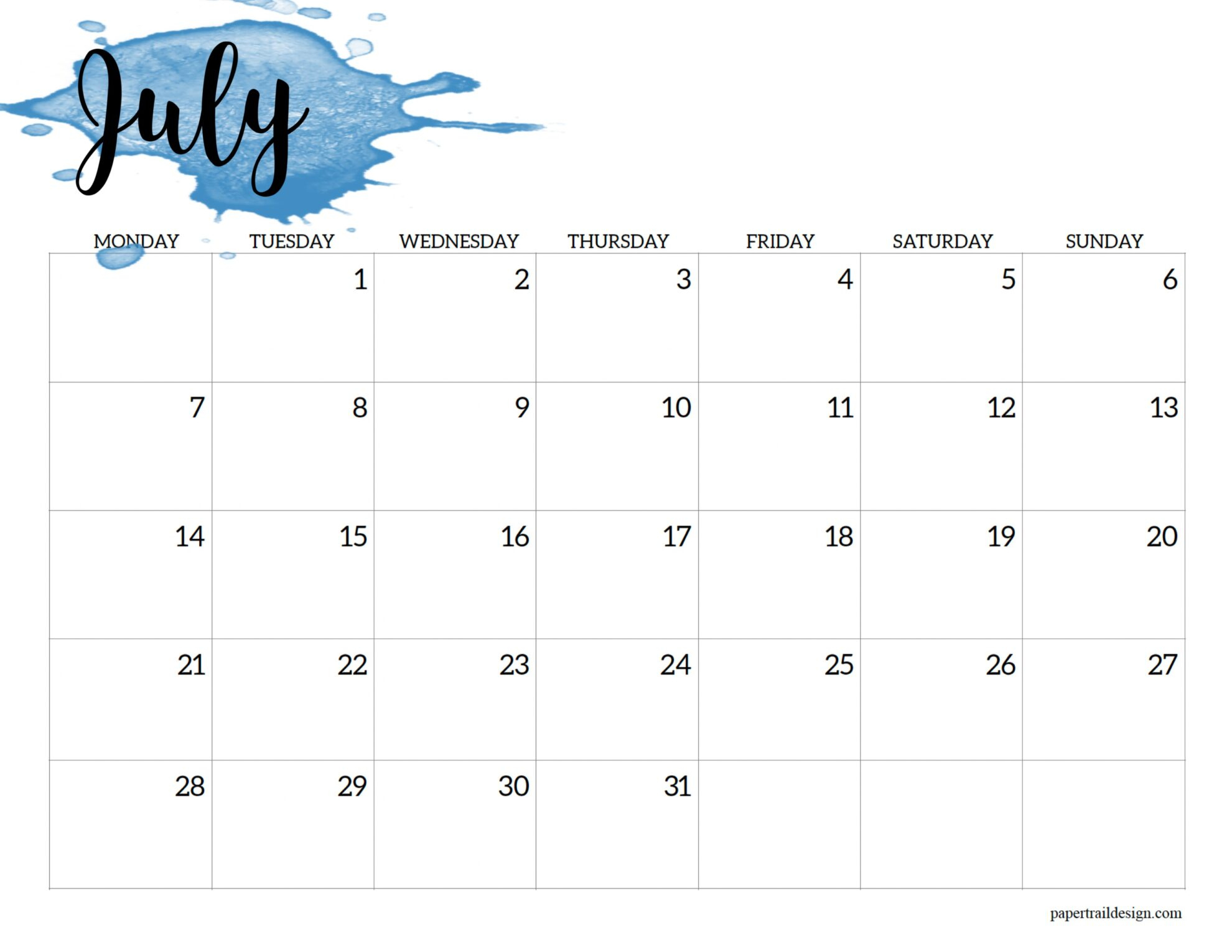 2025 Monday Start Calendar Printable - Watercolor - Paper Trail Design regarding July Calendar 2025 Monday To Sunday