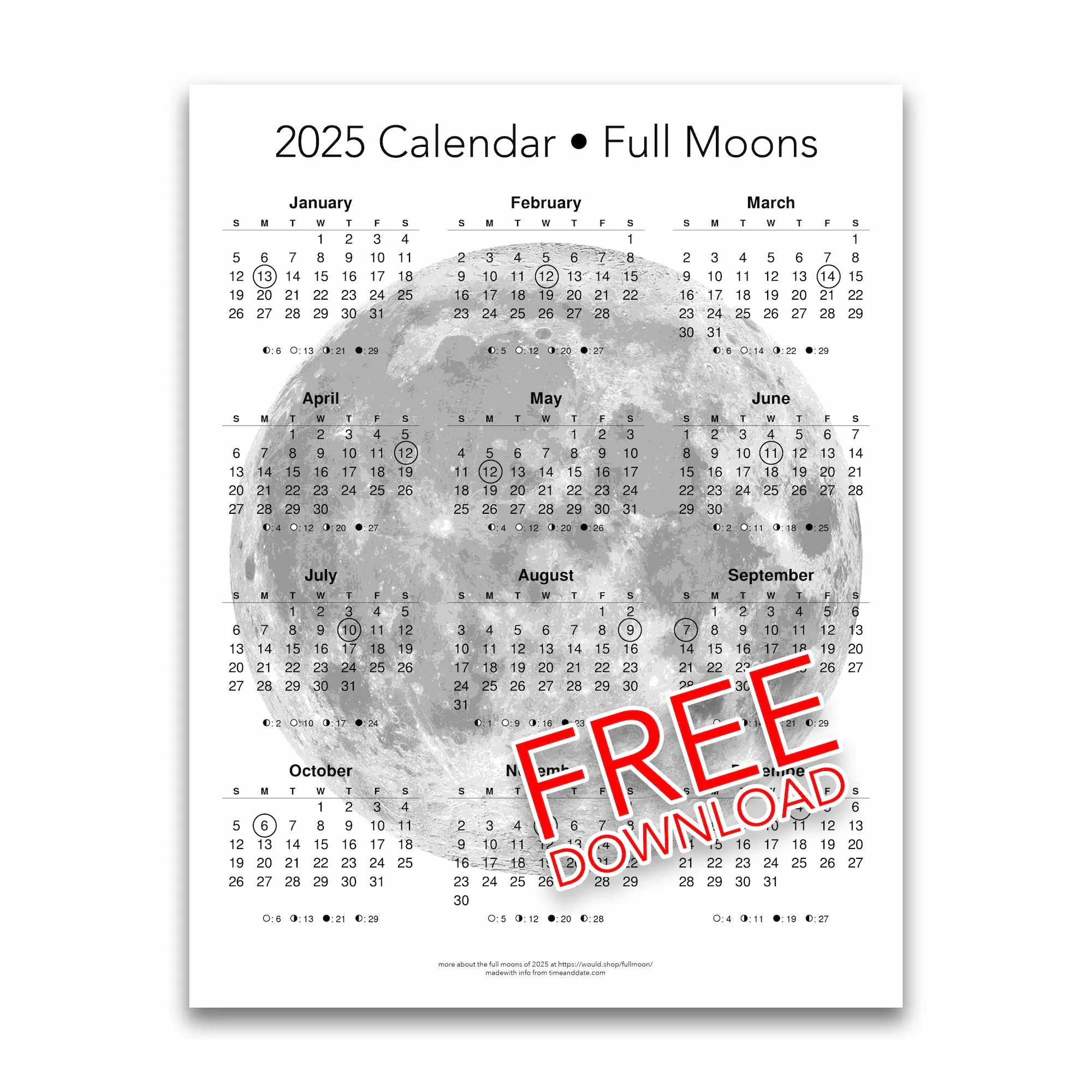 2025 Printable Moon Calendar With Full Moons Circled (Free intended for 2025 Full Moon Calendar Printable