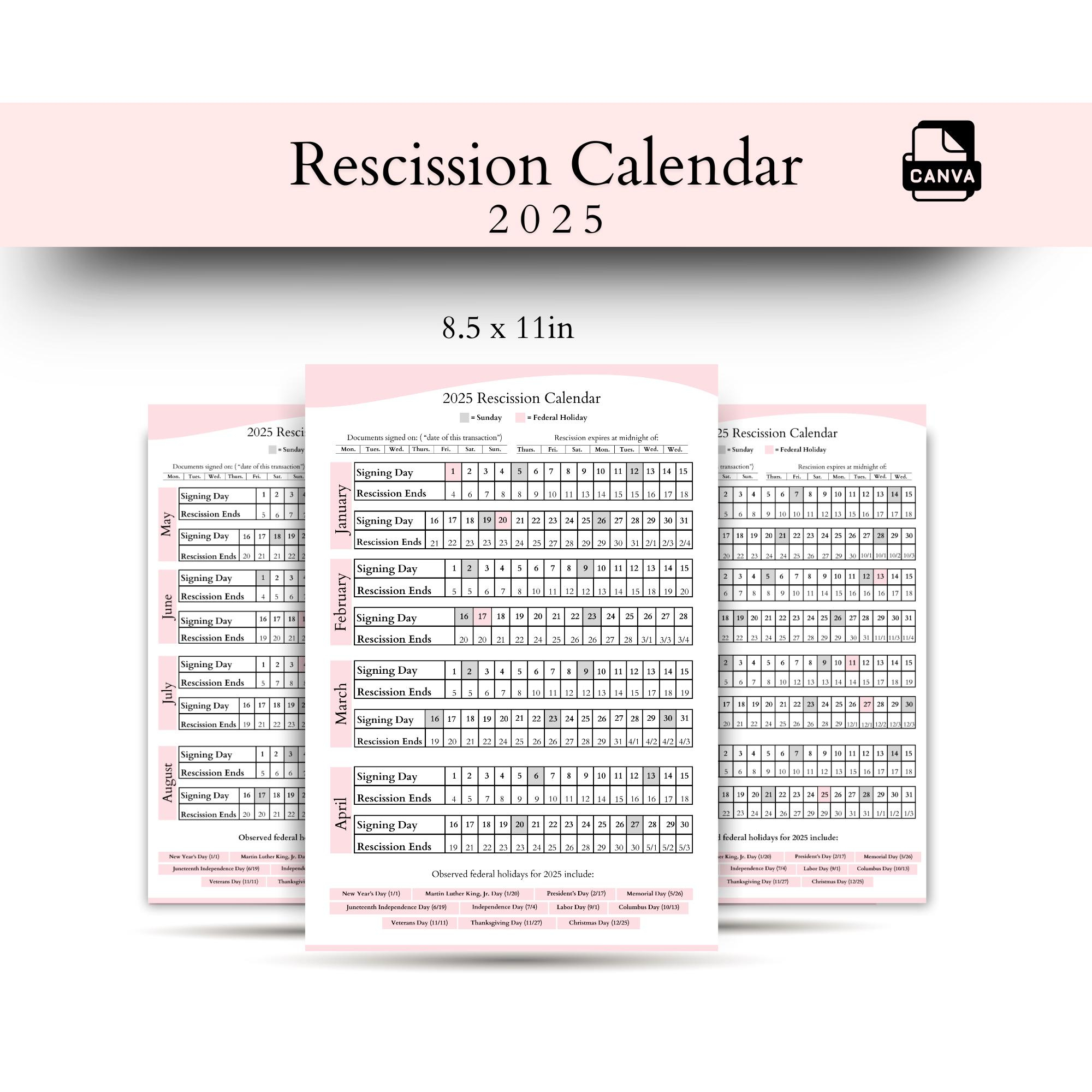 2025 Rescission Calendar | Notary Loan Signing Agent Business Tool pertaining to 2025 Rescission Calendar Printable