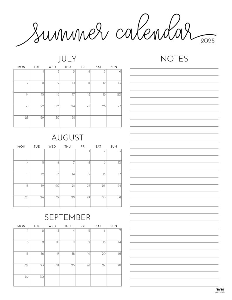2025 Summer Calendars - 27 Free Printables | Printabulls in Free Printable Calendar 2025 July and August