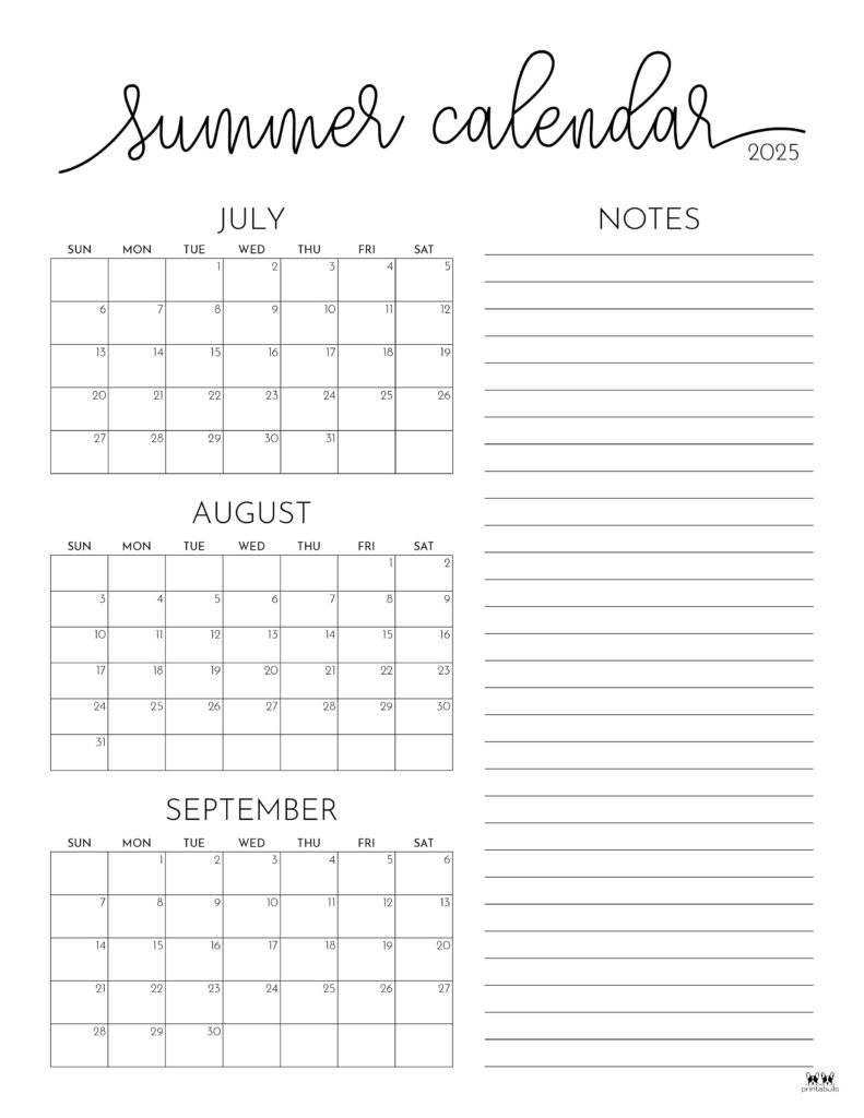 2025 Summer Calendars - 27 Free Printables | Printabulls in July and August Calendar 2025 Printable