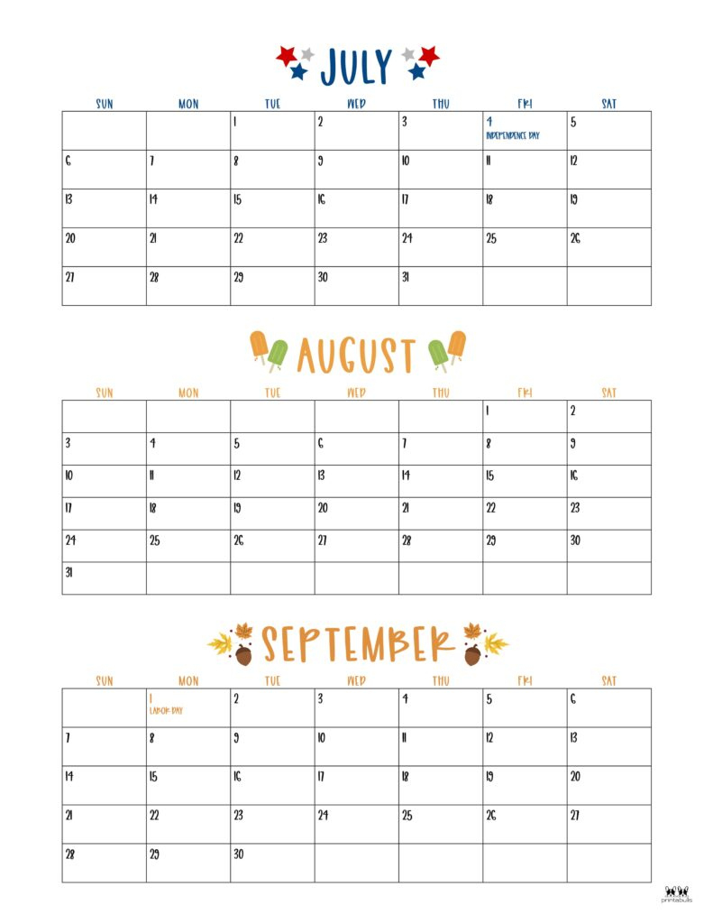 2025 Summer Calendars - 27 Free Printables | Printabulls inside July Aug Sept 2025 Calendar Printable