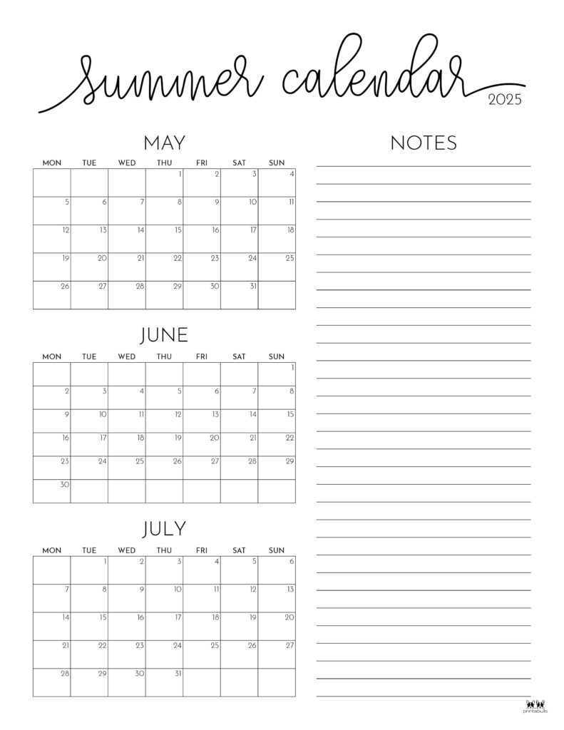 2025 Summer Calendars - 27 Free Printables | Printabulls intended for June July 2025 Printable Calendar