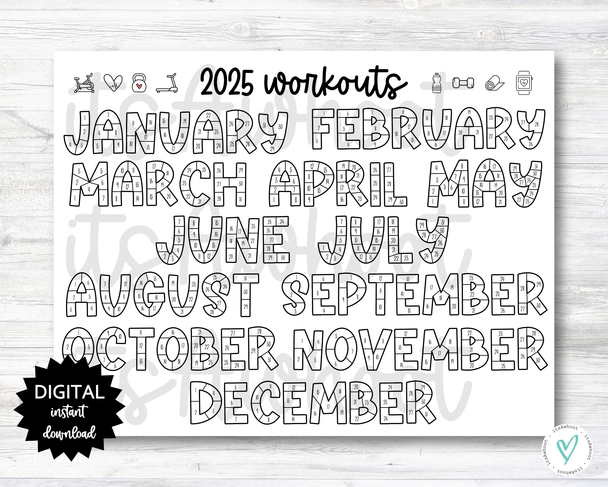 2025 Workouts Tracker Coloring Page Printable, Coloring Workout with 2025 Workout Calendar Printable