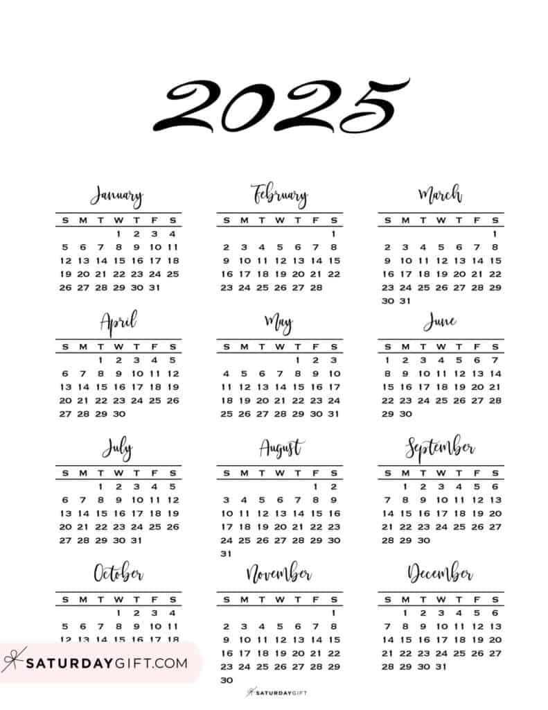 2025 Year At A Glance Calendars - 37 Cute And Free Pdfs in Printable Calendar 2025 All On One Page