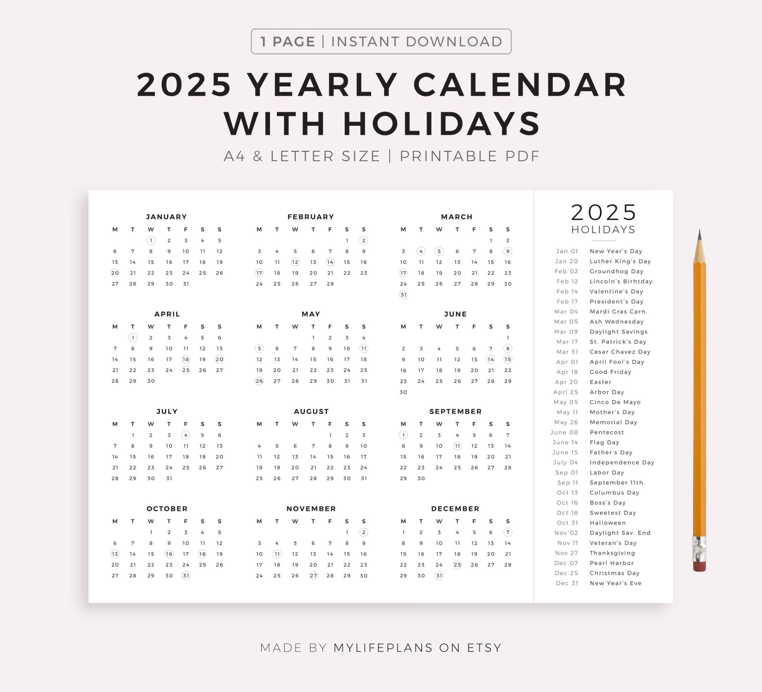 2025 Year Calendar With Holidays On One Page, Printable, Landscape regarding Printable Calendar 2025 with Holidays Nz