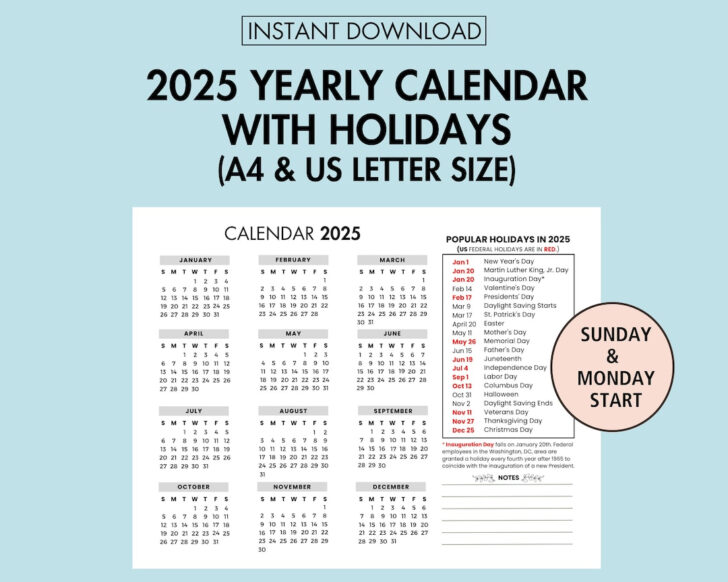 Printable Calendar 2025 Holidays List