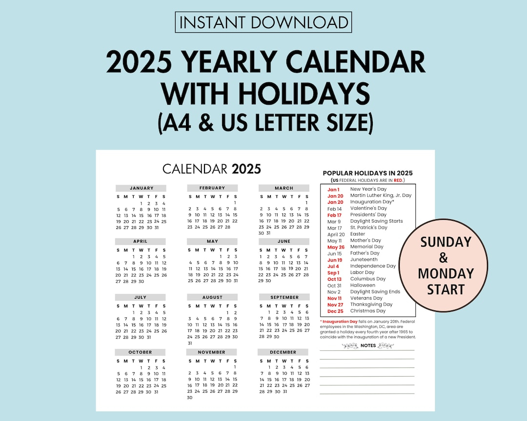 2025 Yearly Calendar With Holiday 2025 Yearly Overview, 2025 Year for Printable Calendar 2025 Holidays List
