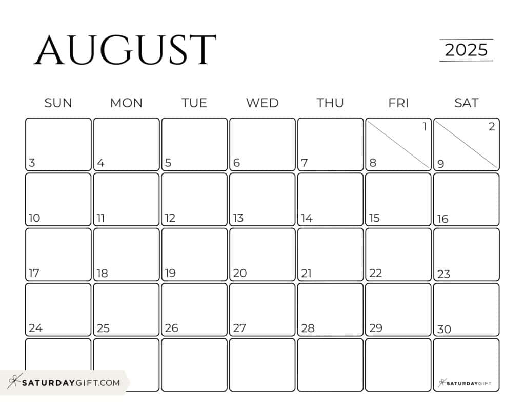 August 2025 Calendars - 23 Cute Free Printable Pdfs | Saturdaygift in Saturday Gift Printable Calendar 2025