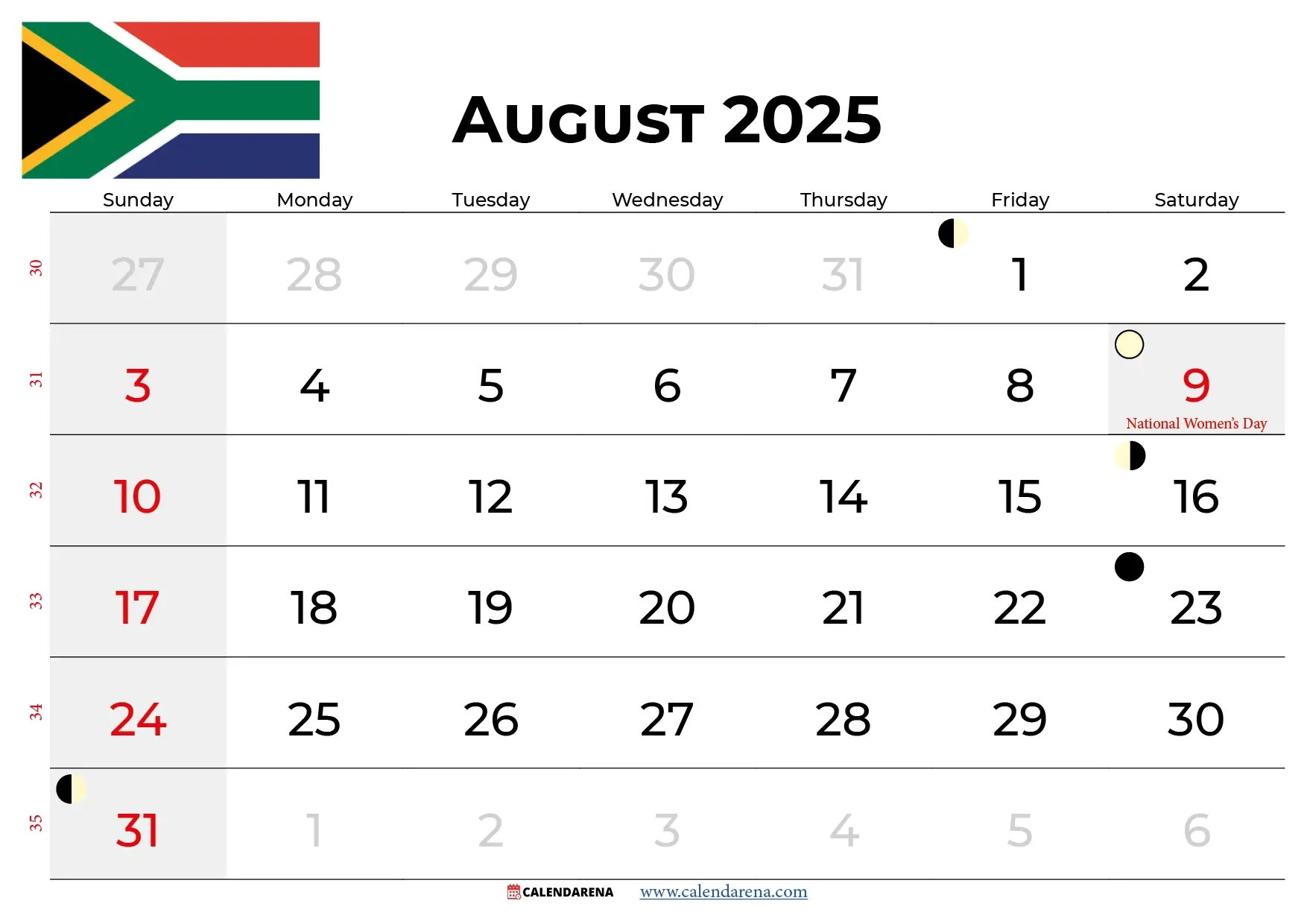 August Calendar 2025 South Africa throughout Free Printable Calendar 2025 South Africa with Public Holidays