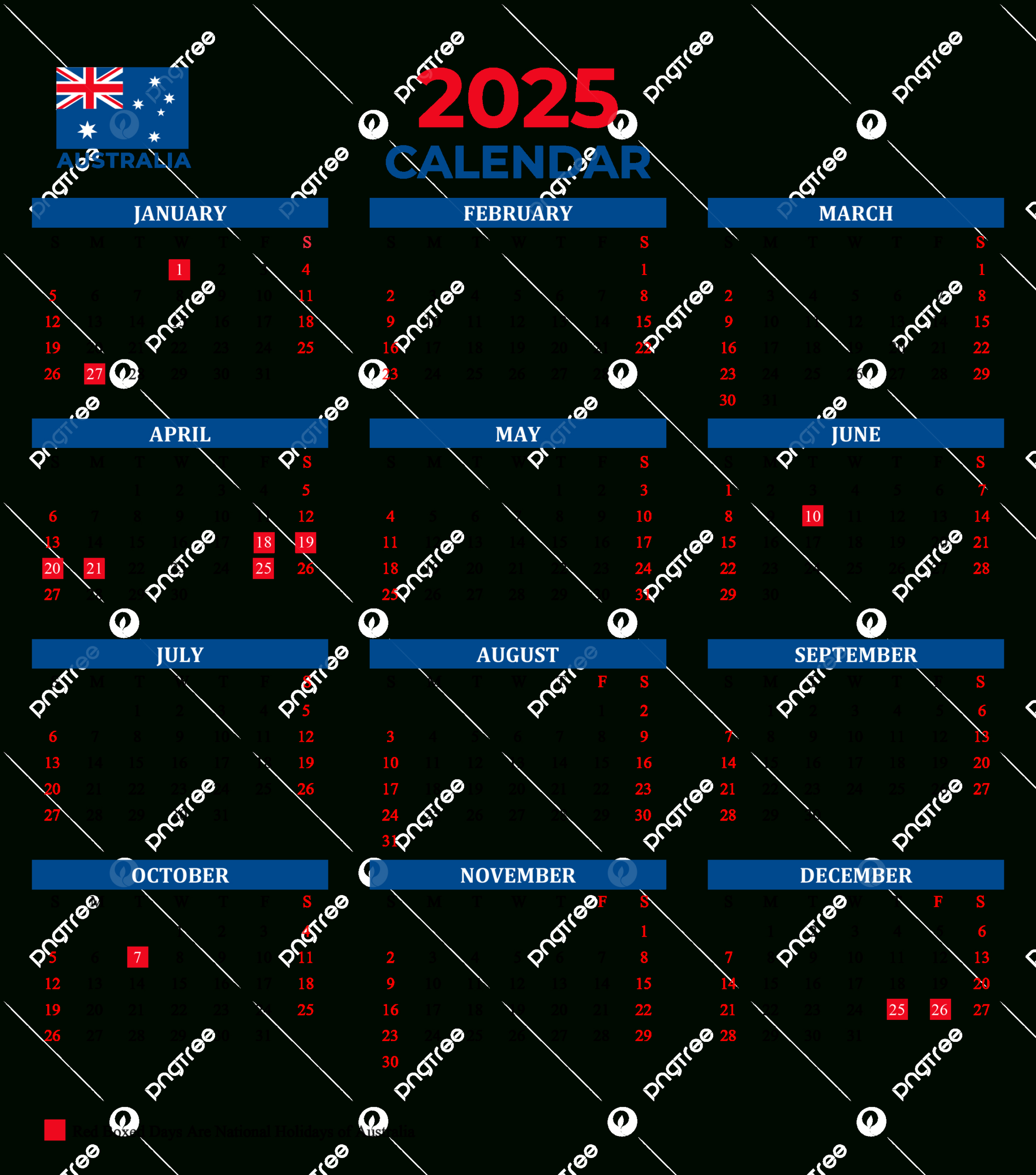 Australia 2025 Yearly Calendar With National Holidays Vector, 2025 intended for Printable Calendar 2025 Australia