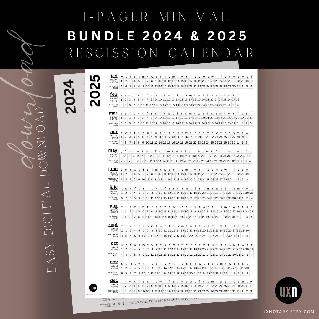 Bundle 2024 &amp;amp; 2025 Rescission Calendar Minimal Design | Loan inside 2025 Rescission Calendar Printable
