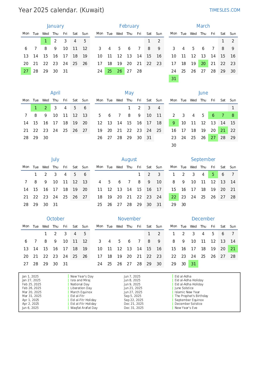 Calendar For 2025 With Holidays In Kuwait | Print And Download intended for Printable Calendar 2025 With Holidays Kuwait