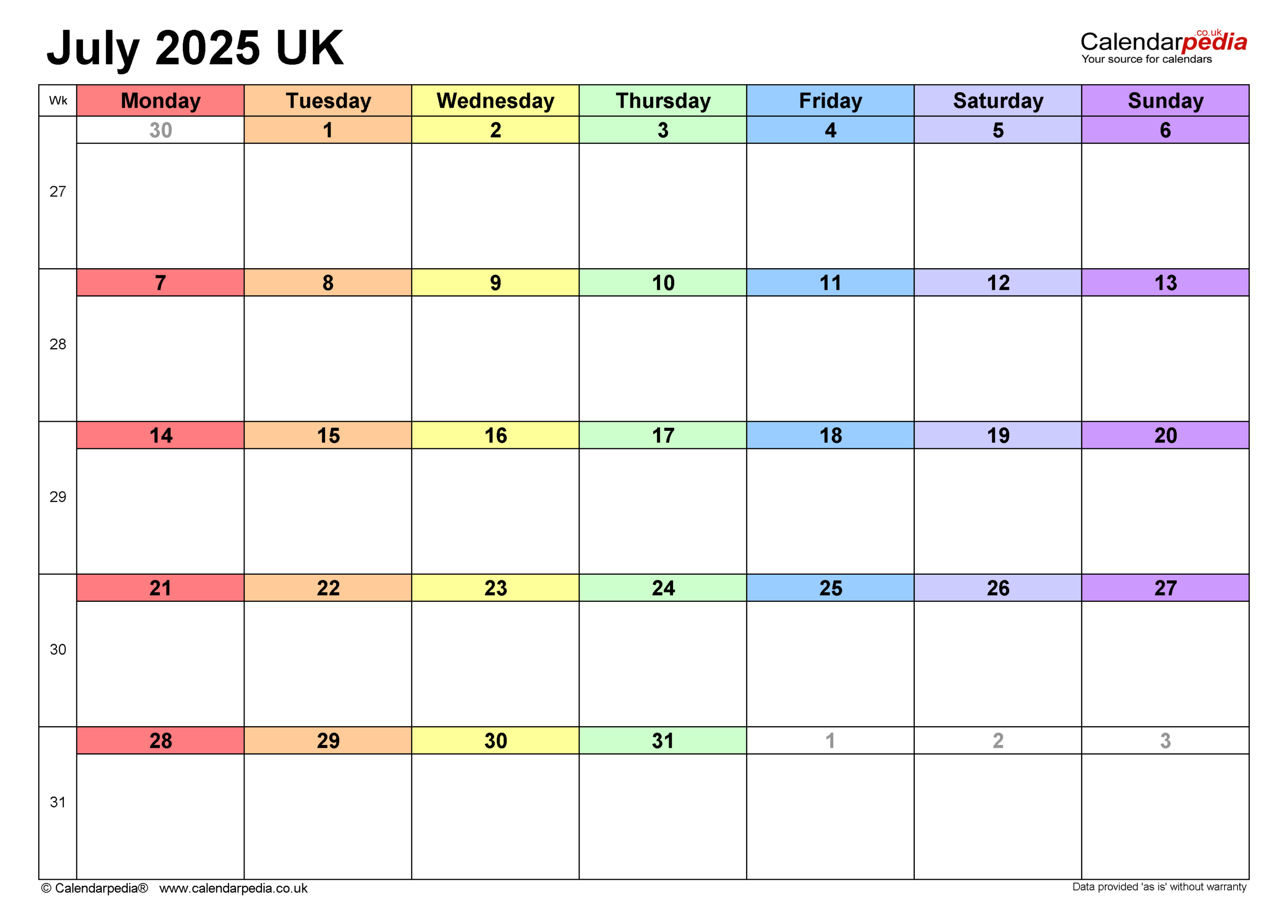 Calendar July 2025 Uk With Pdf, Excel And Word Templates for July 2025 Calendar Printable Uk