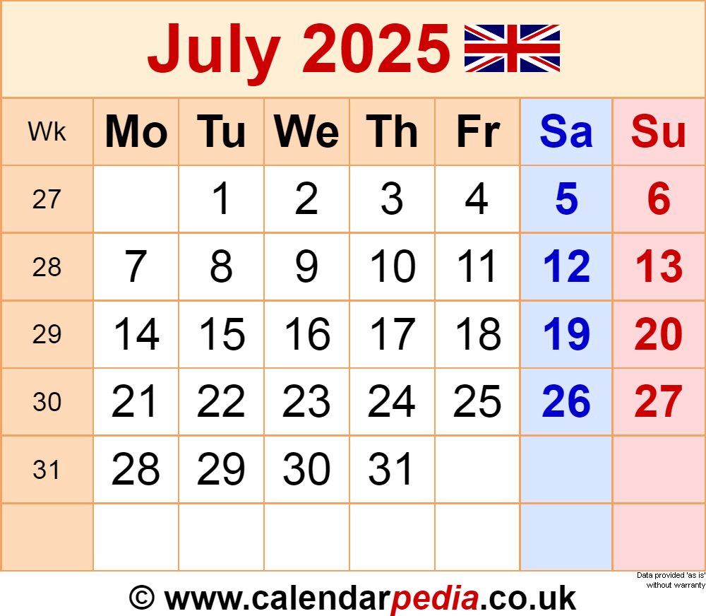 Calendar July 2025 Uk With Pdf, Excel And Word Templates inside July Calendar 2025 Uk