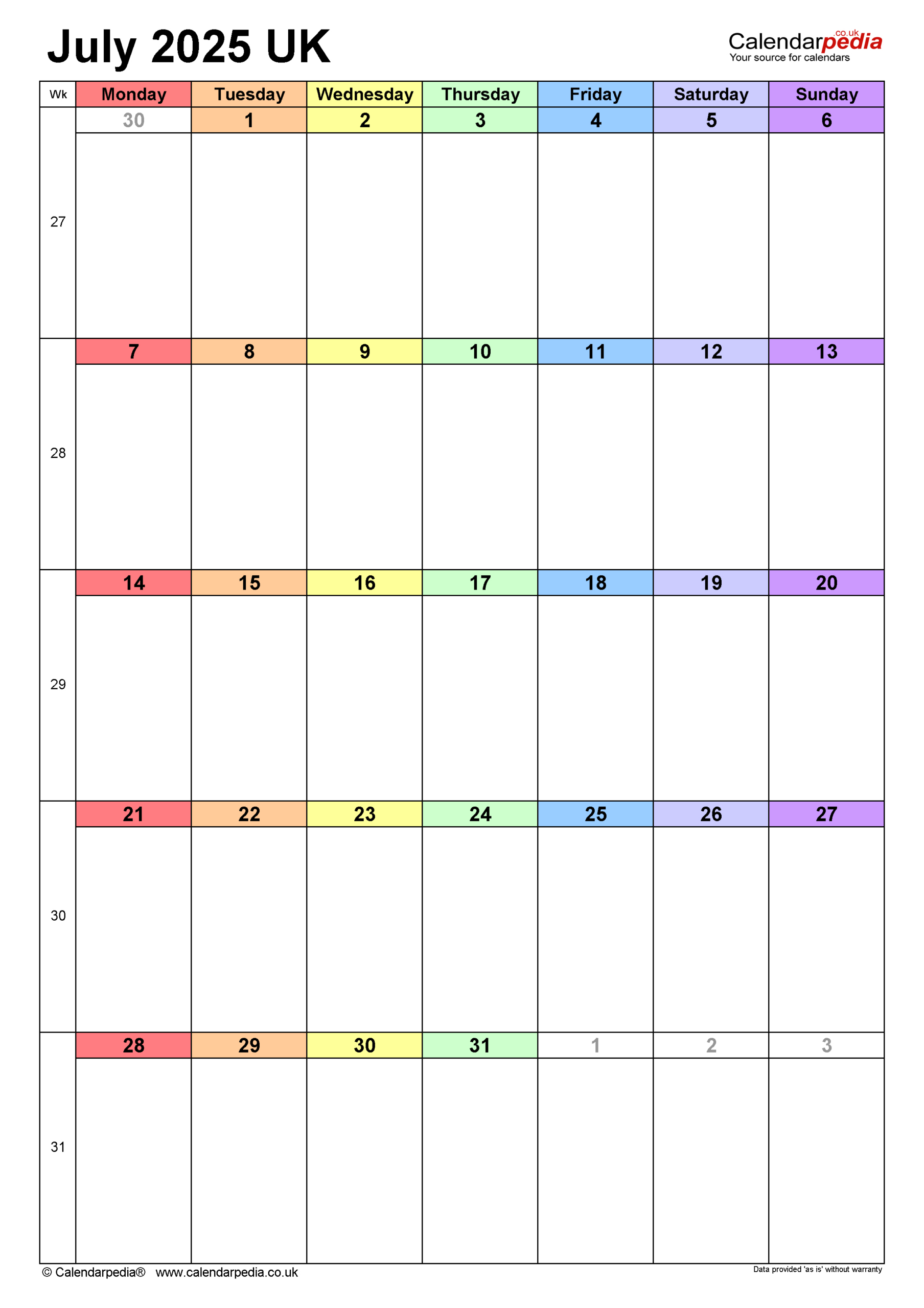 Calendar July 2025 Uk With Pdf, Excel And Word Templates intended for July Calendar 2025 Word