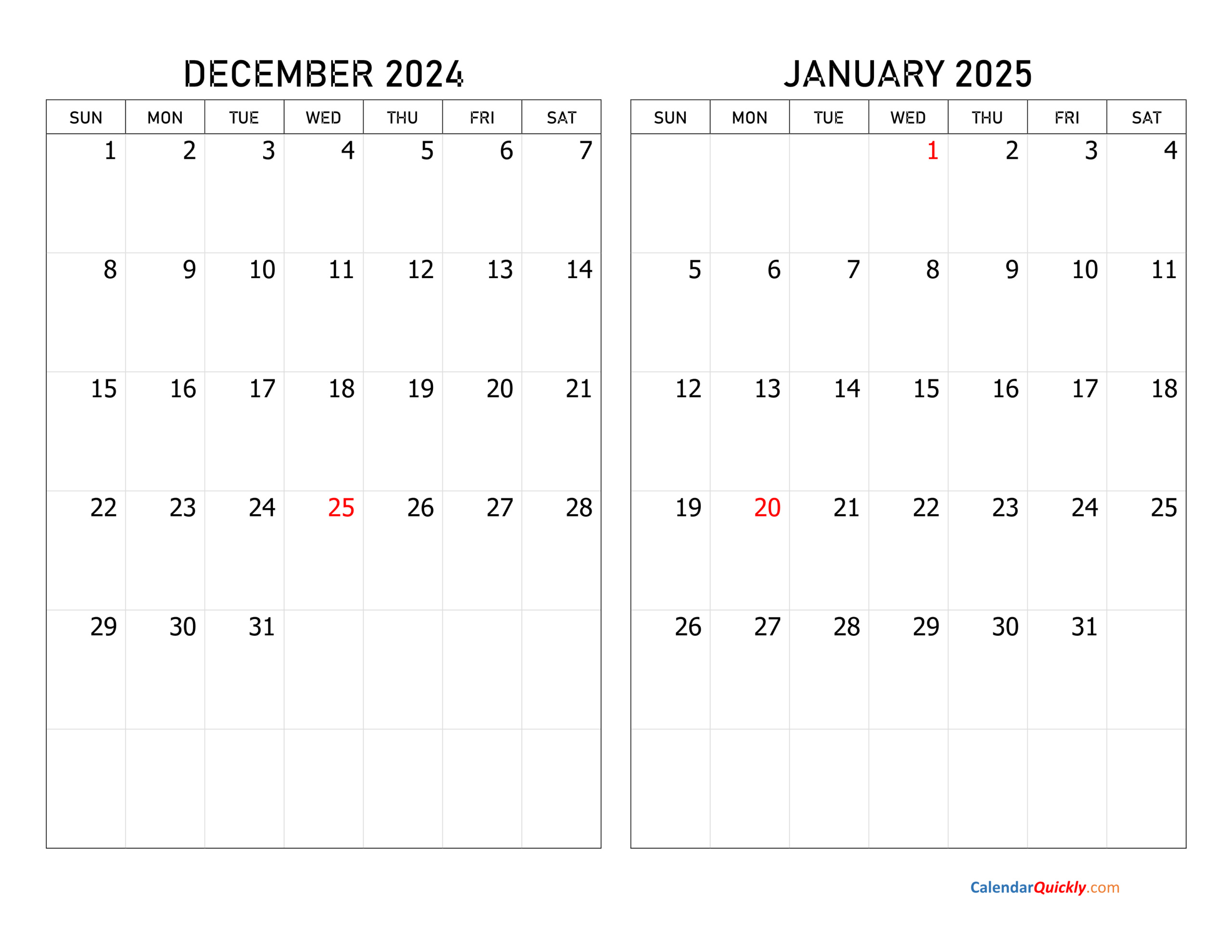 December 2024 And January 2025 Calendar | Calendar Quickly inside Printable Calendar Dec 2024 Jan 2025