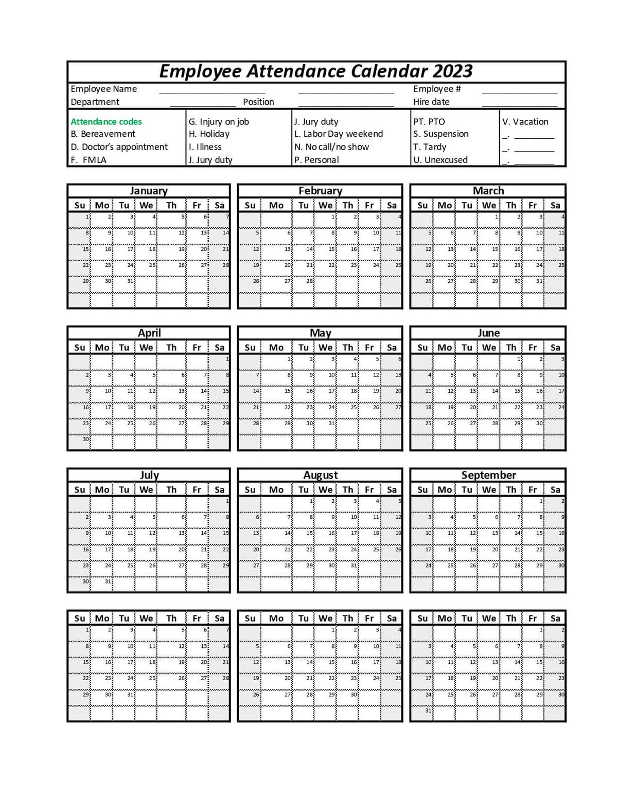 Employee Attendance Calendar with 2025 Employee Attendance Calendar Printable Free