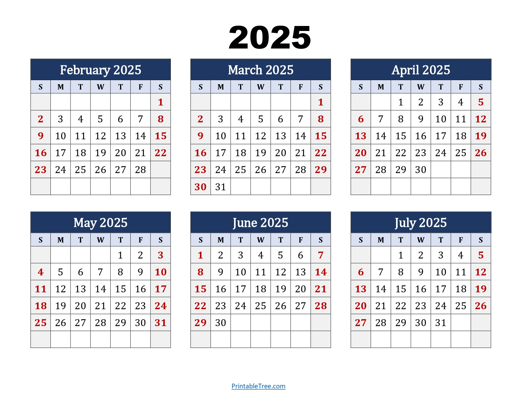 February To July 2025 Calendar Printable Pdf | Six Months Calendar regarding Feb And July 2025 Calendar