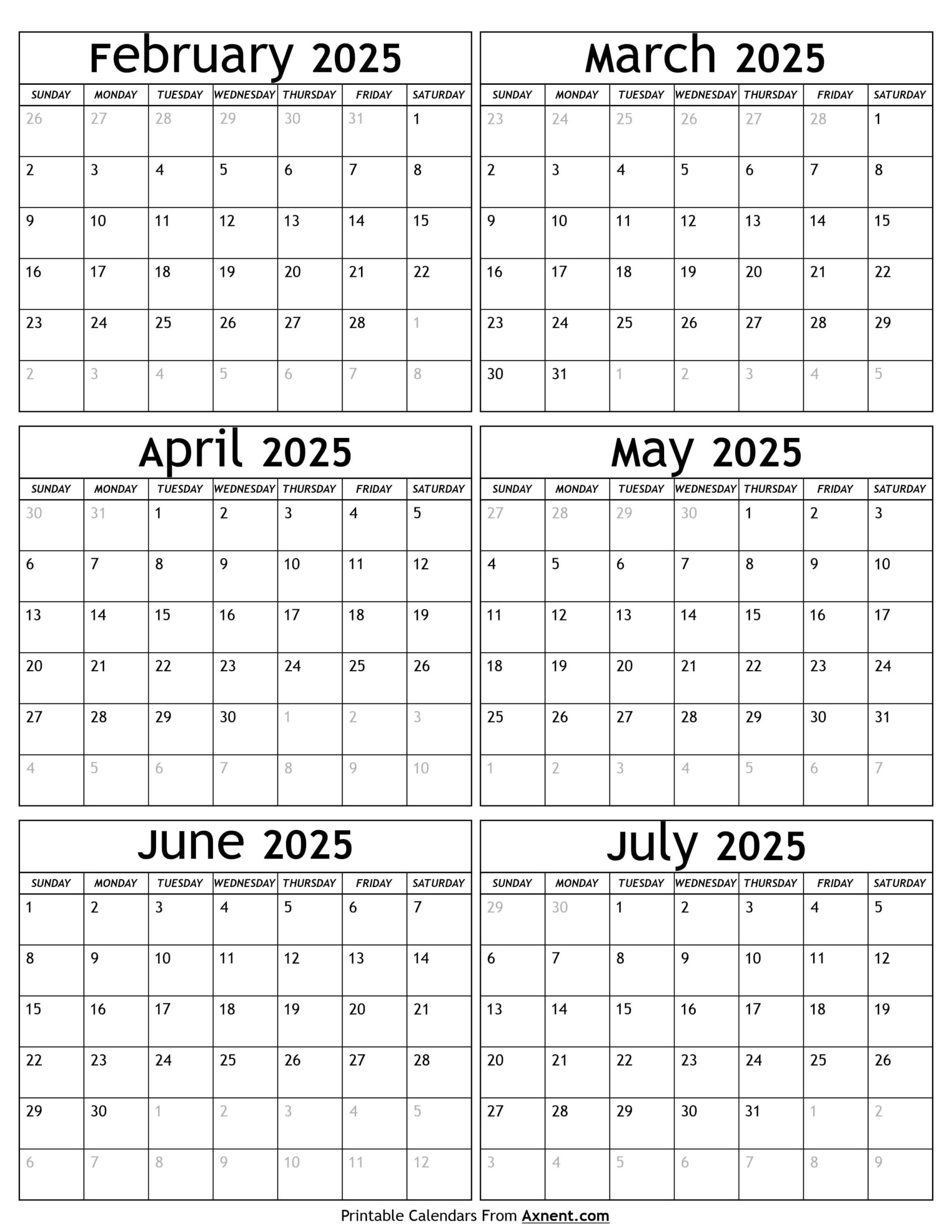February To July 2025 Calendar Templates - Six Months with regard to Feb and July 2025 Calendar