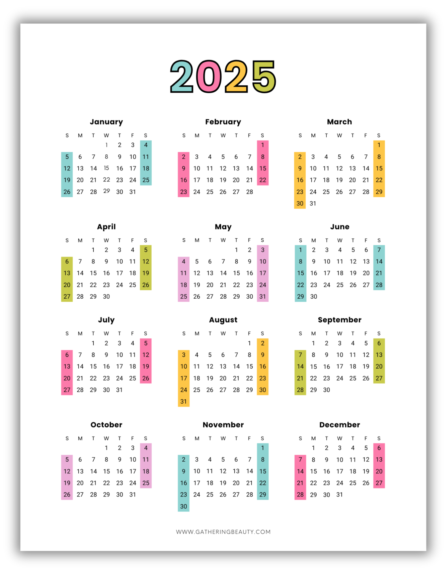 Free 2025 Printable Calendar One Page — Gathering Beauty throughout 8X10 Printable Calendar 2025