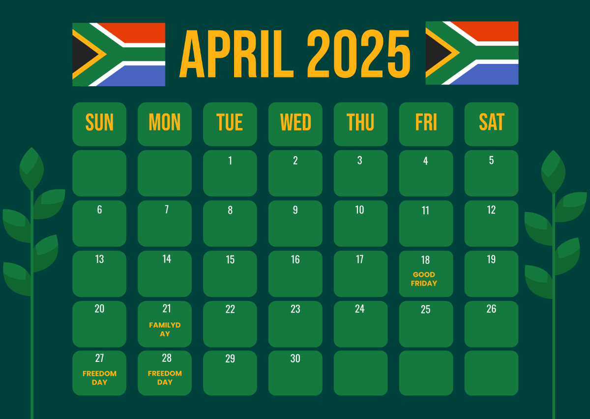 Free April 2025 Calendar With South African Holidays Template To with regard to Printable Calendar 2025 With School Holidays South Africa