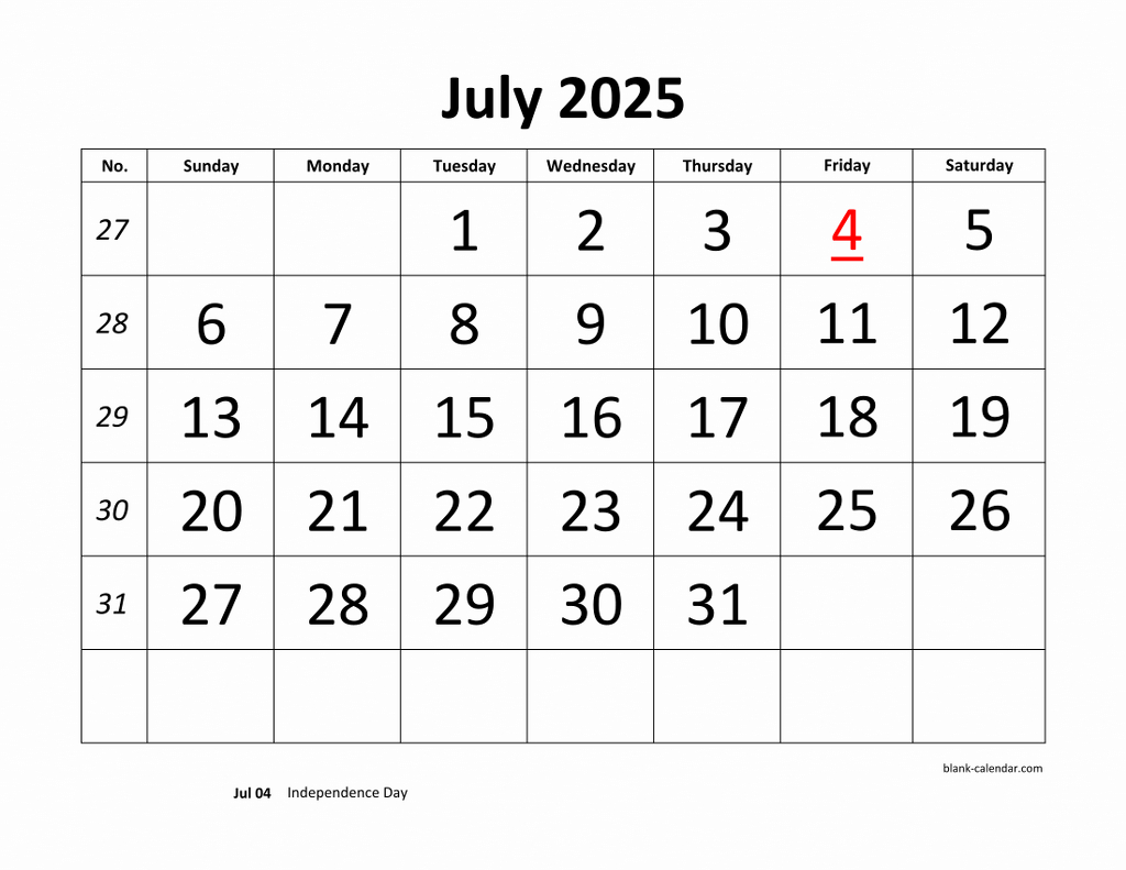 Free Download Printable July 2025 Calendar, Large Font Design pertaining to July 2025 Large Print Calendar