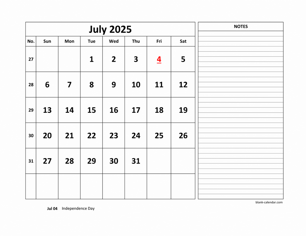 Free Download Printable July 2025 Calendar, Large Space For within July 2025 Calendar Printable with Notes