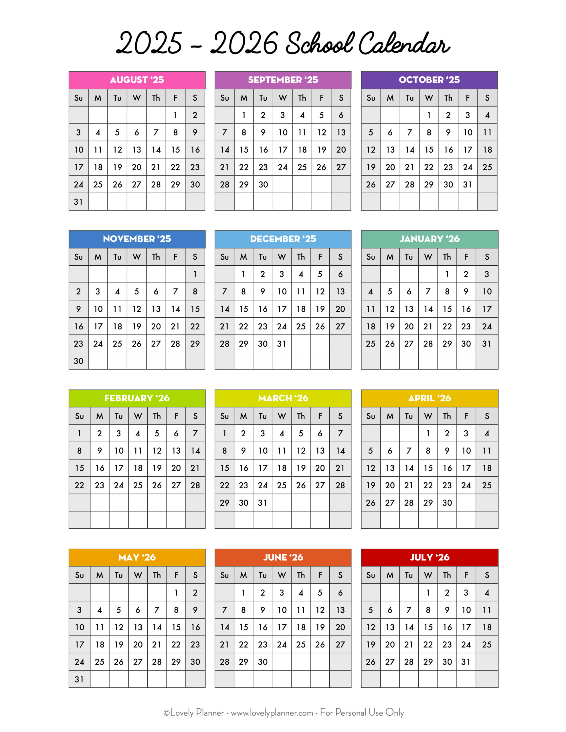 Free Printable 2025-2026 School Calendar - One Page Academic in 2025 2026 School Calendar Printable