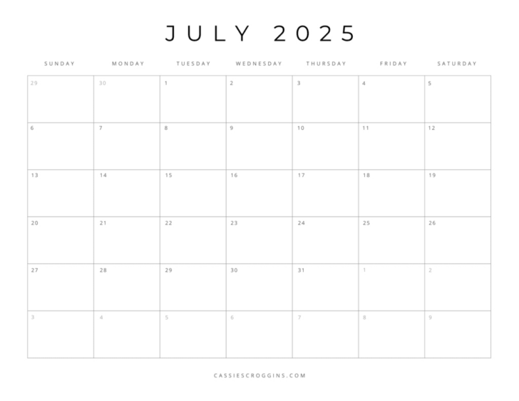 Blank Calendar Template July 2025 Printable