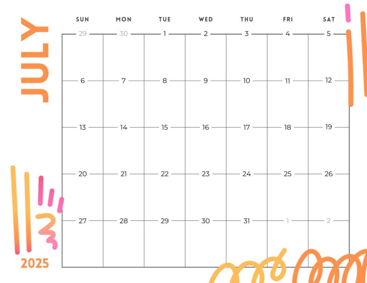 July 2025 Calendar with Lines