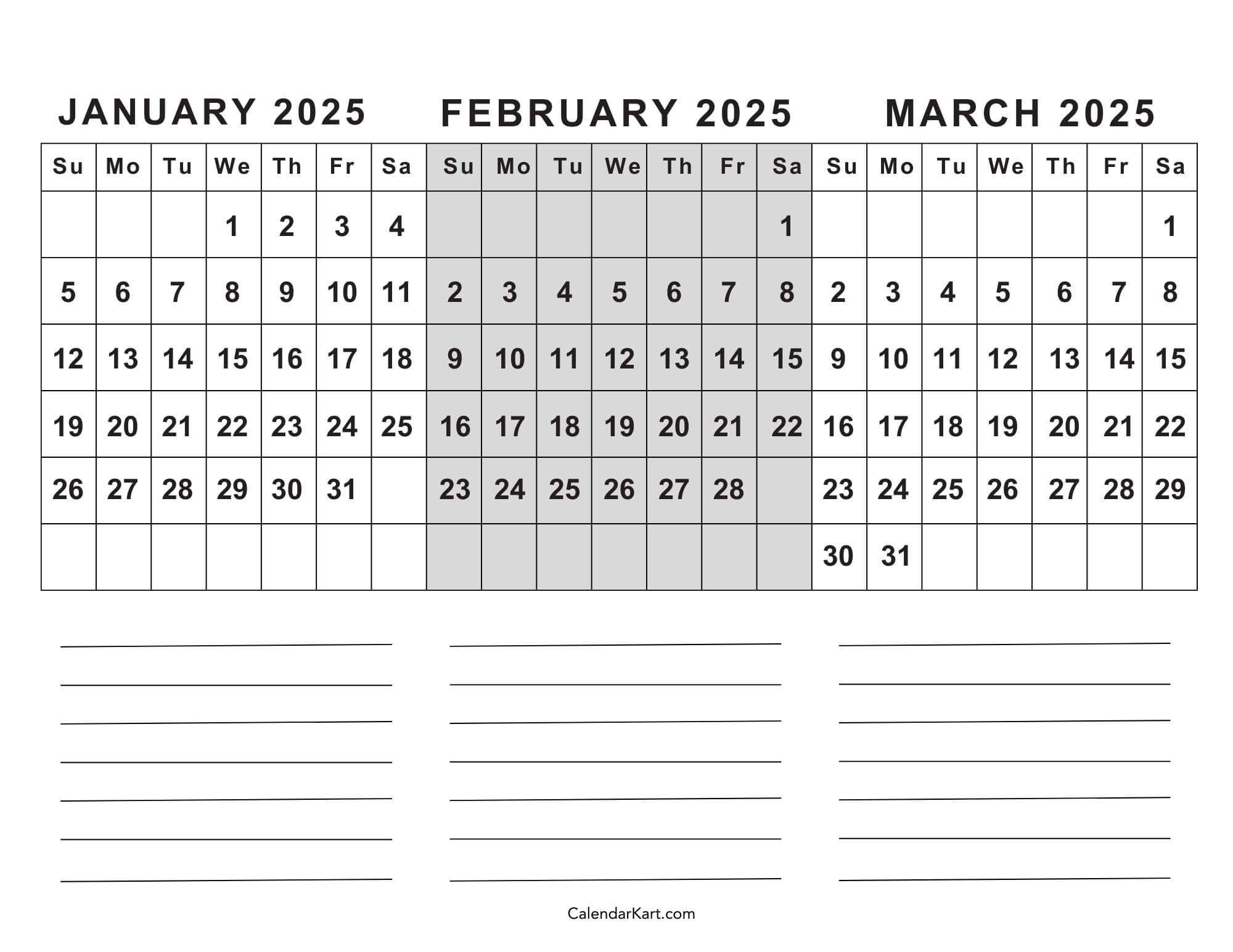 Free Printable January To March 2025 Calendar - Calendarkart inside Printable Calendar 2025 Jan Feb March