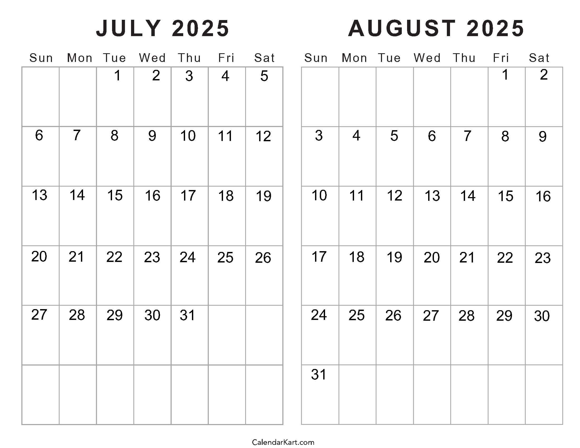 Free Printable July August 2025 Calendar | Calendarkart throughout July August 2025 Calendar Free Printable