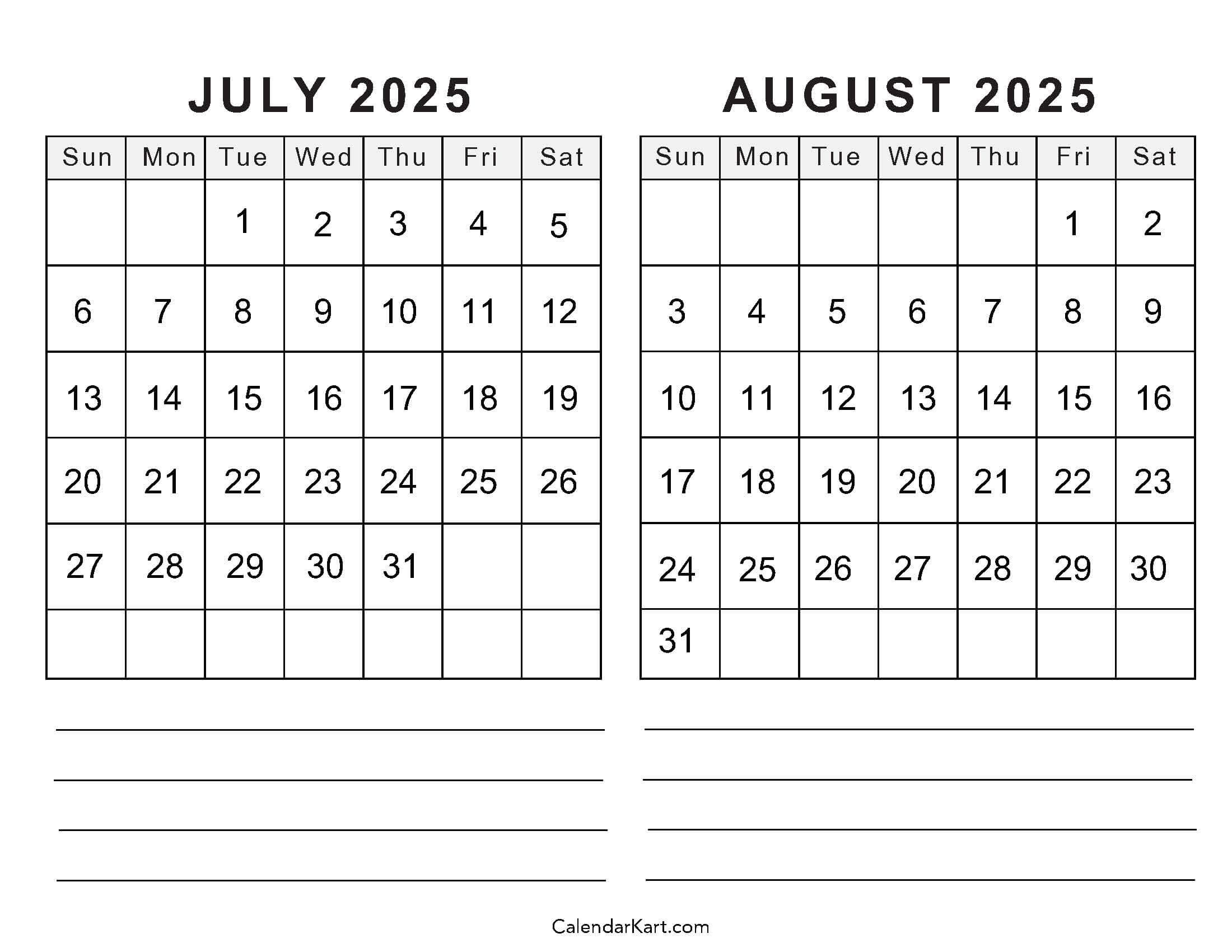 Free Printable July August 2025 Calendar | Calendarkart with regard to Printable Calendar July - August 2025