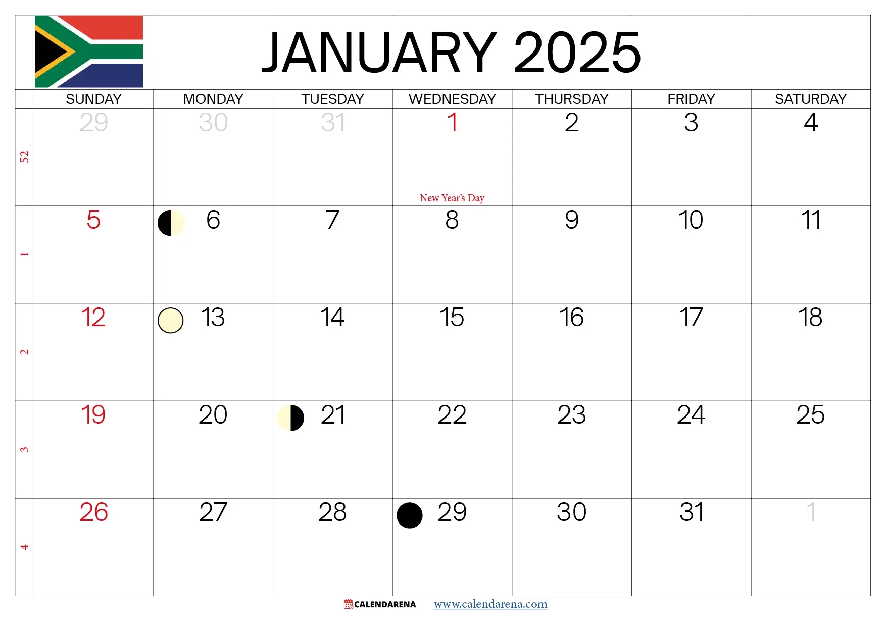 January 2025 Calendar South Africa in Printable Calendar 2025 with Holidays South Africa Download
