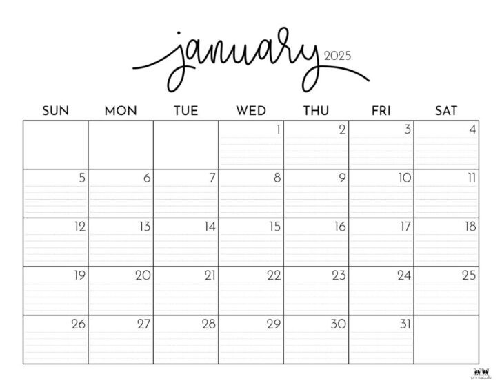 2025 Monthly Calendar Printable with Lines