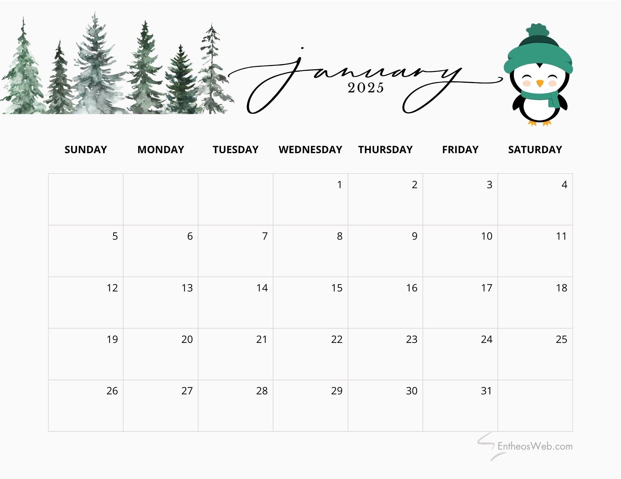 January 2025 Calendars | Entheosweb intended for January Printable Calendar 2025 Free