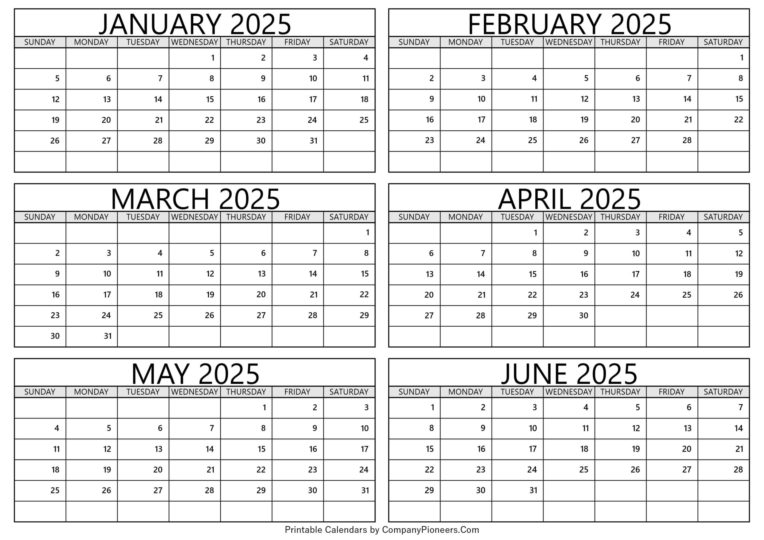 January To June 2025 Calendar Printable - Template for Printable Calendar 2025 January Through June