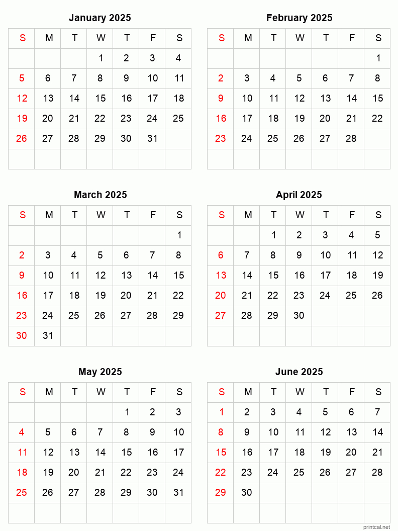January To June 2025 Printable Calendar | Six Months Per Page within Printable Calendar 2025 January Through June