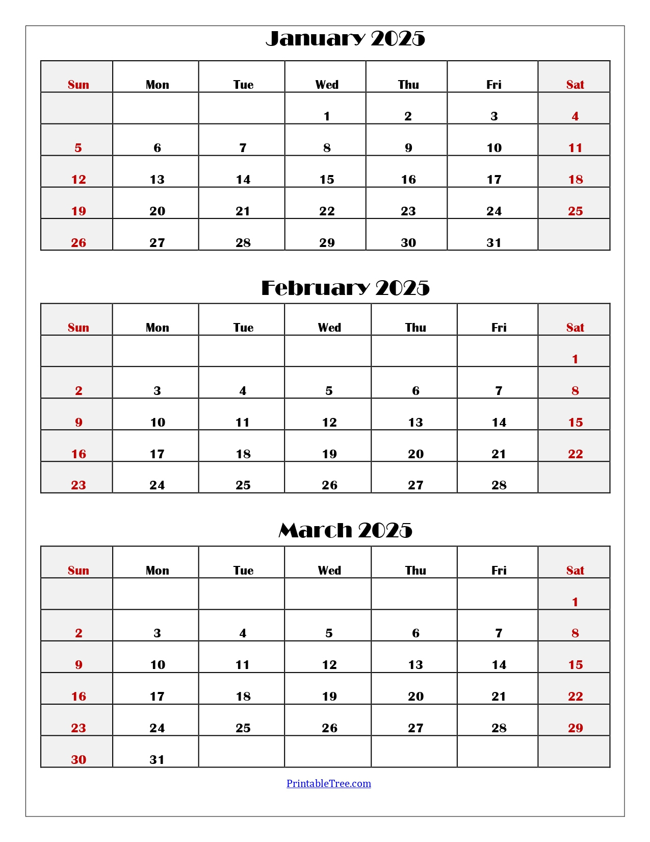 January To March 2025 Calendar | Three Months Calendar in Printable Calendar 2025 January February March